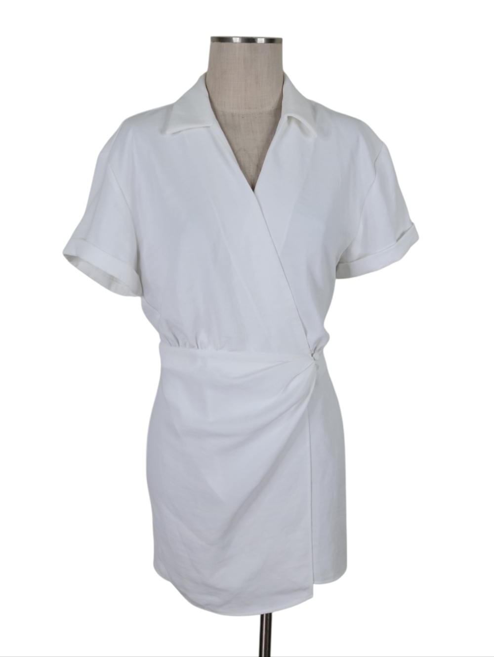 Zara Mini Wrap Dress Size S White V Neck Lapel Collar Textured Cuffed Sleeve New - Picture 2 of 13